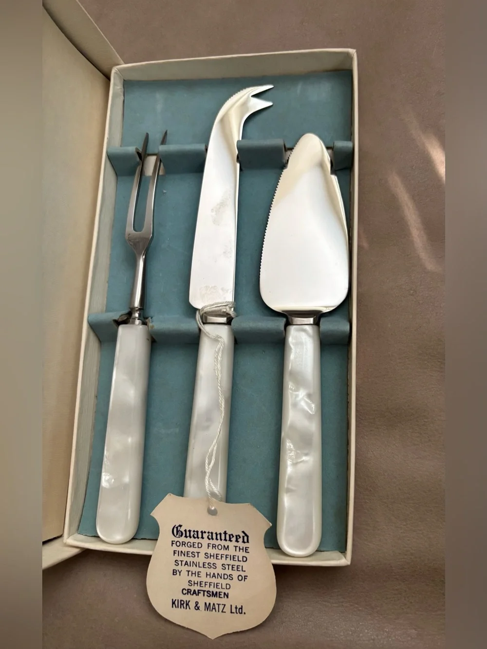 Vintage Kirk & Matz Sheffield 3pc Carving Set Pearlex Knife Fork Sharpener